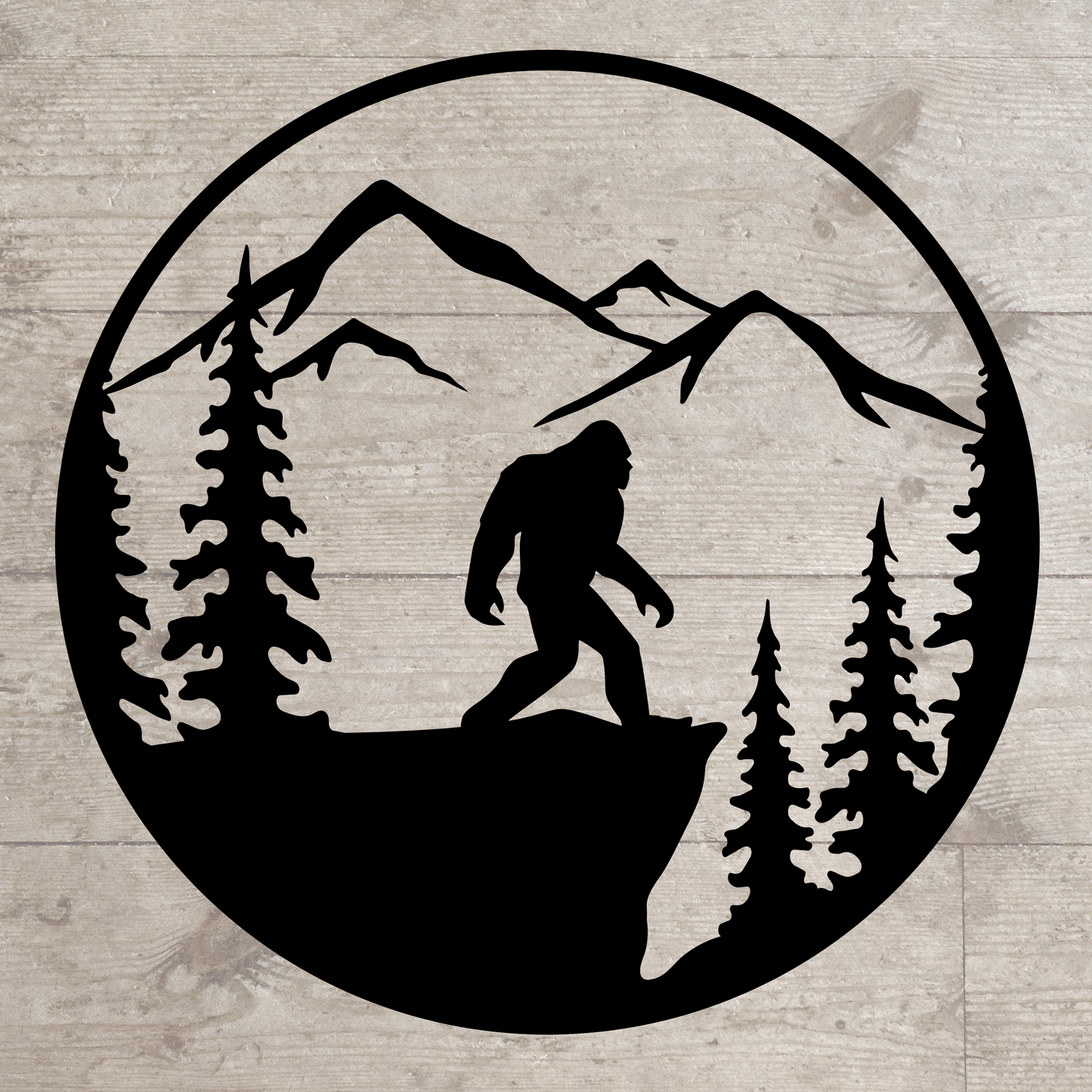 Bigfoot in Mountains Scene – Metal Cabin or Lodge Wall Art