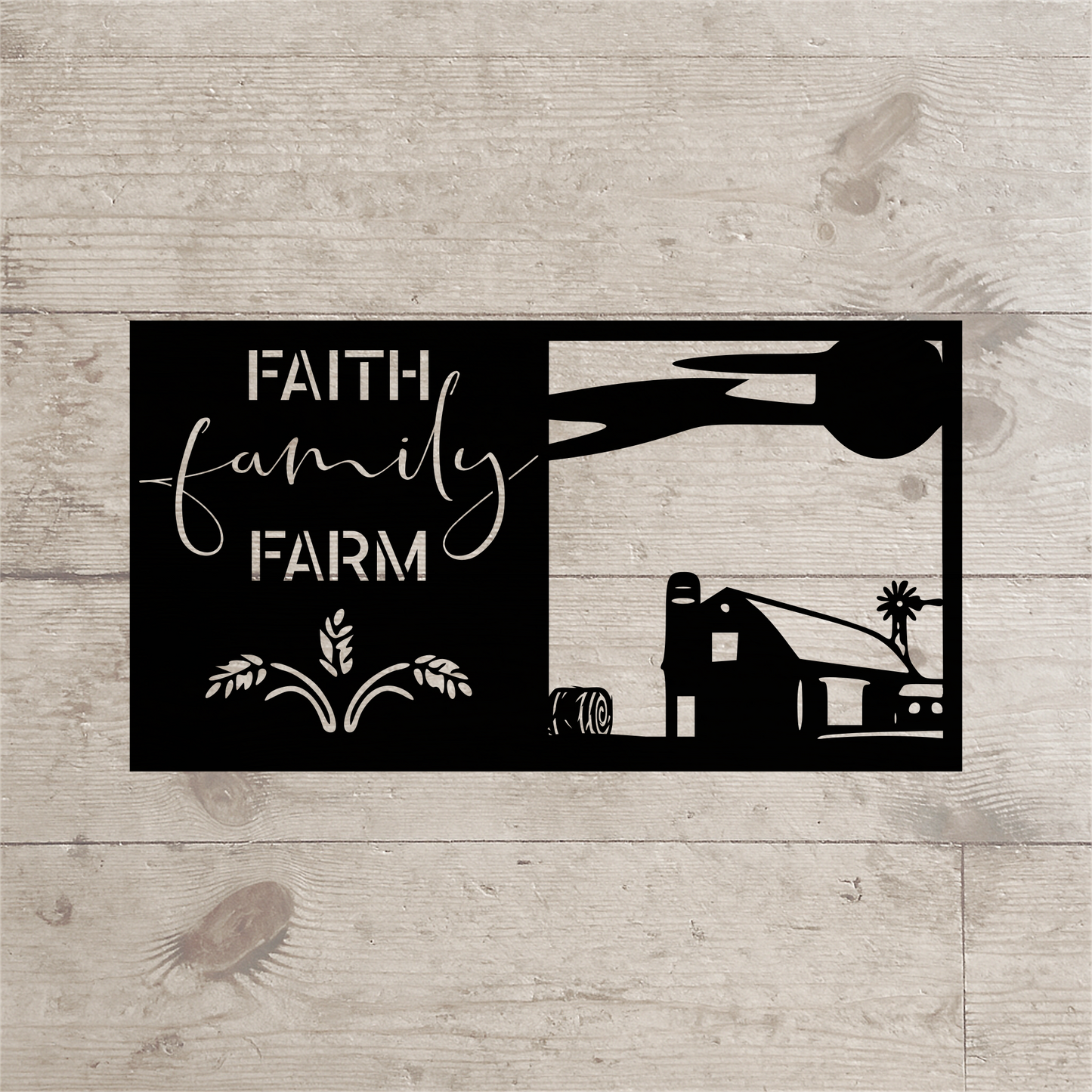 Faith Family Farm Scene – Rustic Farmhouse Metal Wall Sign