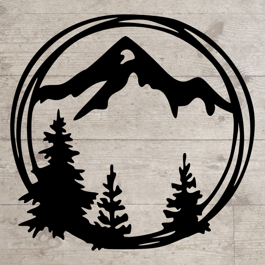 Mountain Circle Scene – Rustic Mountain & Tree Metal Wall Art