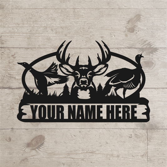 Duck Buck Turkey Nameplate – Custom Hunting Lodge Metal Sign